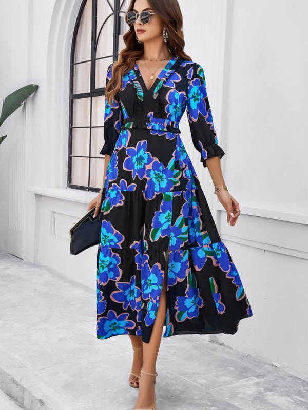 Spring and summer new holiday casual printed V - neck slit dress - Day Dress