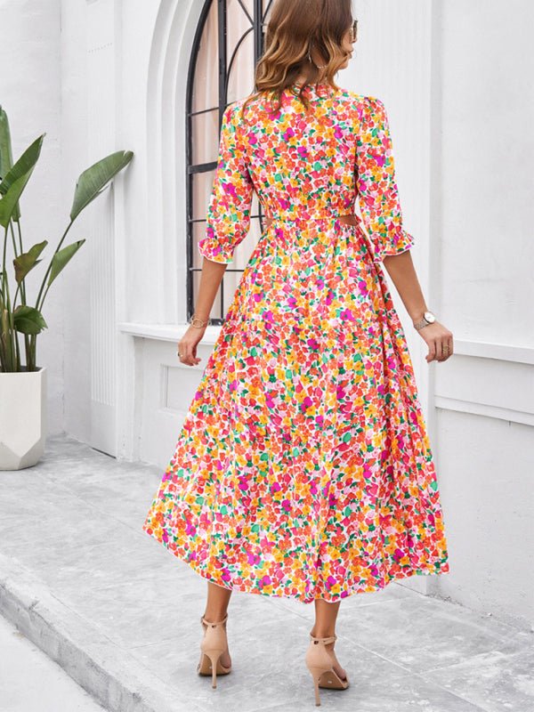 Spring and summer new holiday casual printed V - neck slit dress - Day Dress