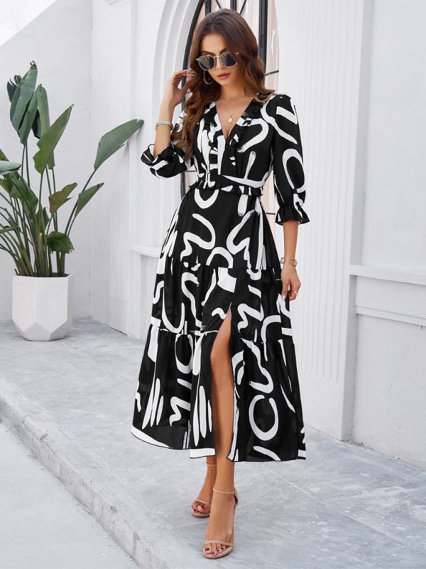 Spring and summer new holiday casual printed V - neck slit dress - Day Dress
