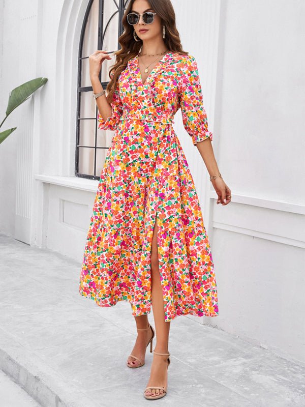 Spring and summer new holiday casual printed V - neck slit dress - Day Dress