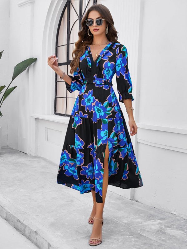Spring and summer new holiday casual printed V - neck slit dress - Day Dress