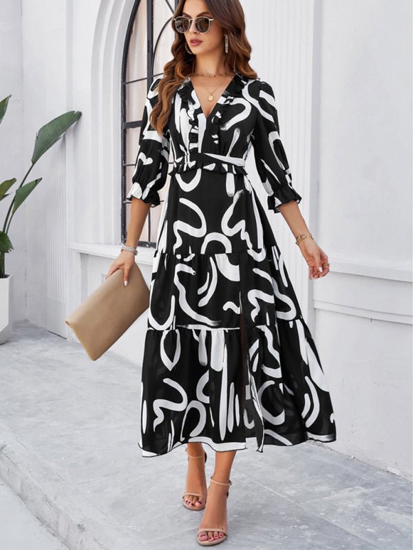 Spring and summer new holiday casual printed V - neck slit dress - Day Dress