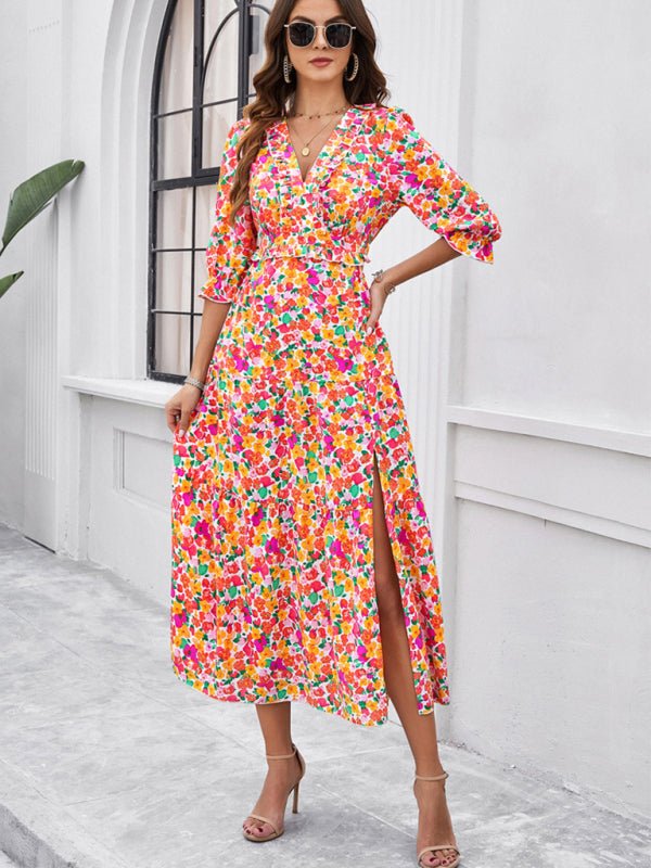 Spring and summer new holiday casual printed V - neck slit dress - Day Dress