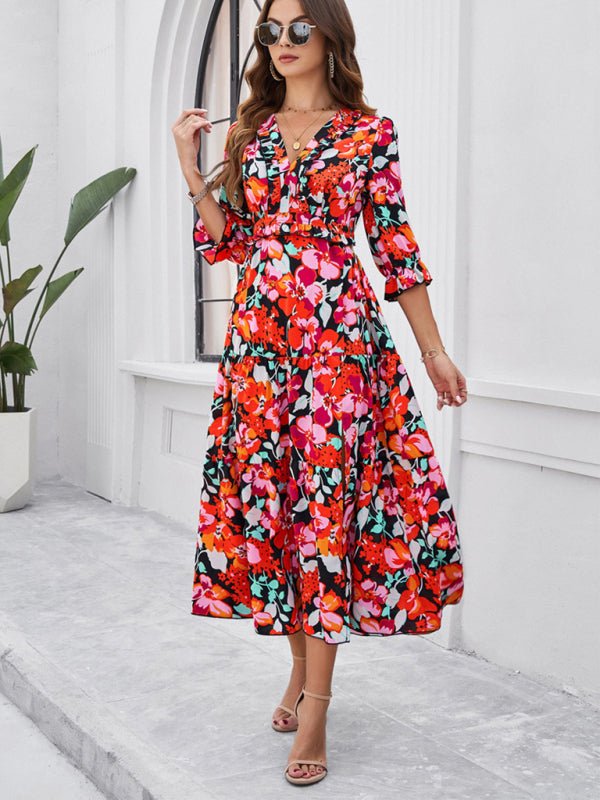 Spring and summer new holiday casual printed V - neck slit dress - Day Dress