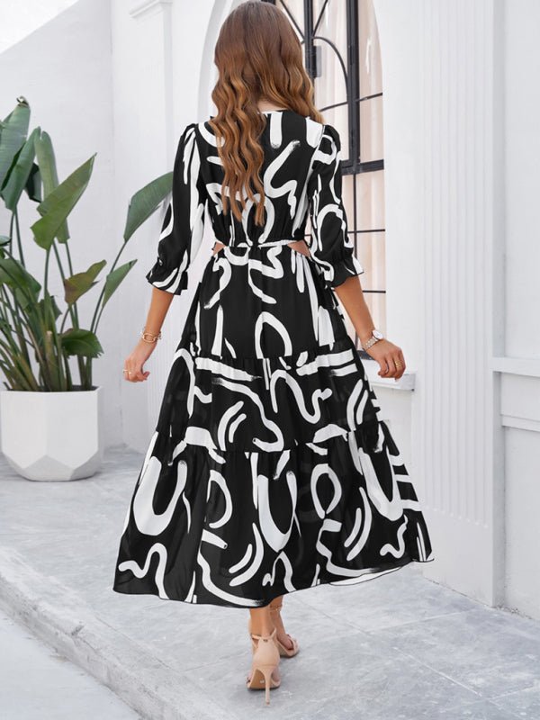 Spring and summer new holiday casual printed V - neck slit dress - Day Dress