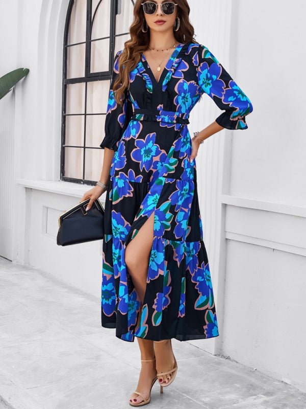 Spring and summer new holiday casual printed V - neck slit dress - Day Dress