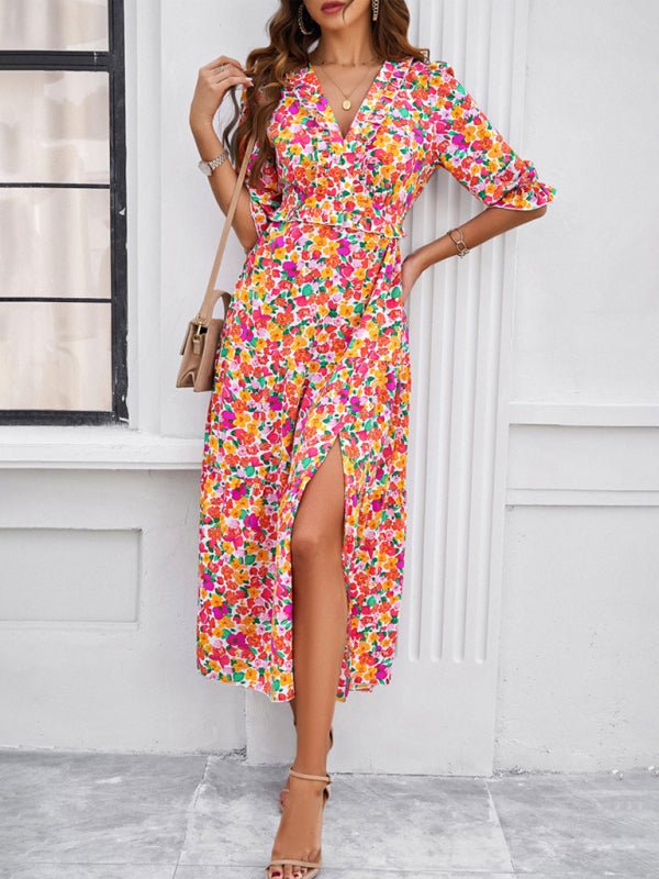 Spring and summer new holiday casual printed V - neck slit dress - Day Dress