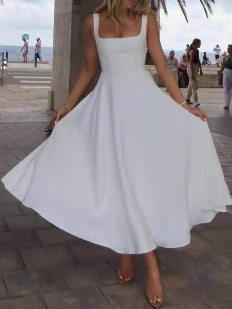 Square Neck A - Line Midi Dress - 
