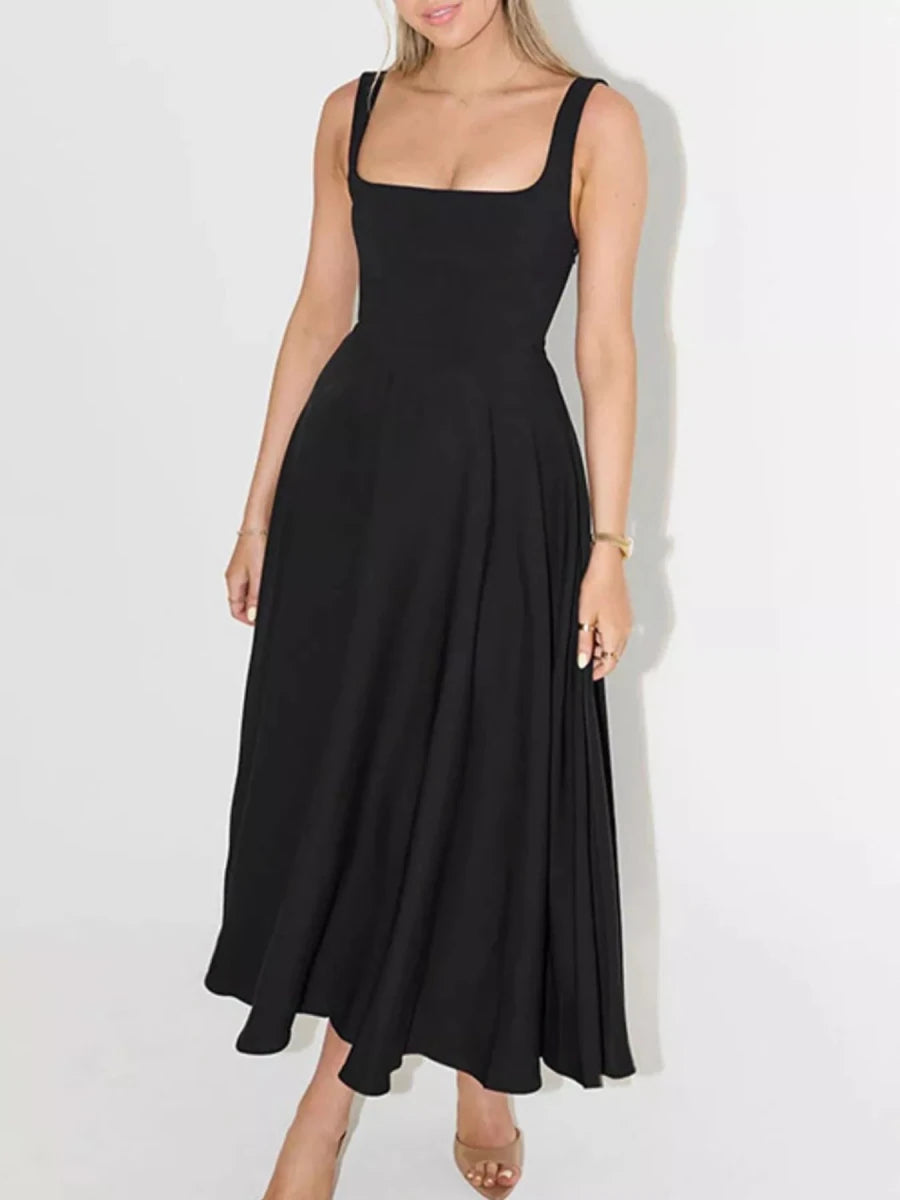 Square Neck A - Line Midi Dress - 