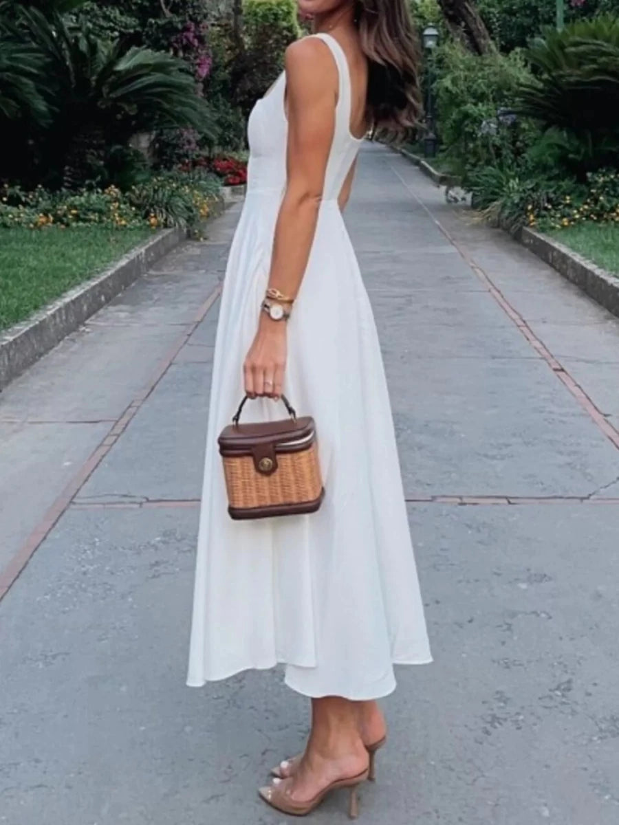 Square Neck A - Line Midi Dress - 