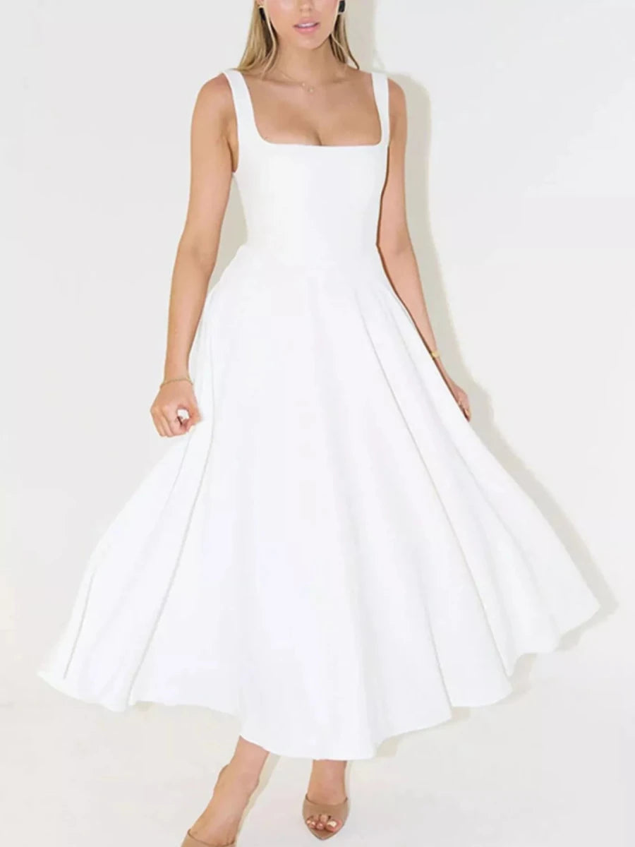 Square Neck A - Line Midi Dress - 