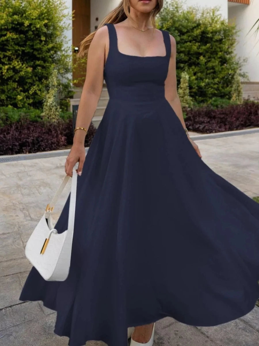 Square Neck A - Line Midi Dress - 