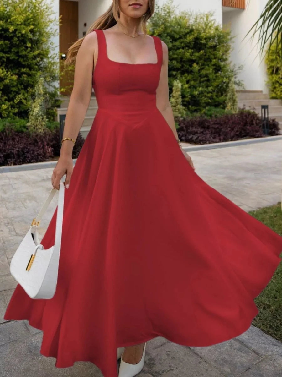 Square Neck A - Line Midi Dress - 