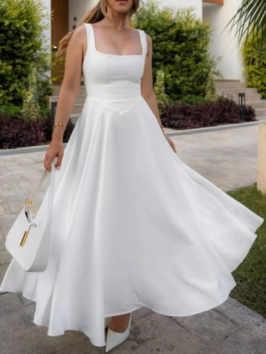 Square Neck A - Line Midi Dress - 