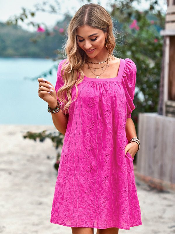 Square Neck Dress Femininity Elegant Hollow Jacquard Skirt - Casual Dress