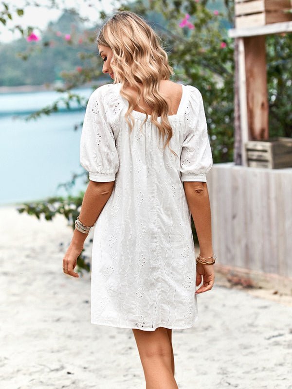 Square Neck Dress Femininity Elegant Hollow Jacquard Skirt - Casual Dress