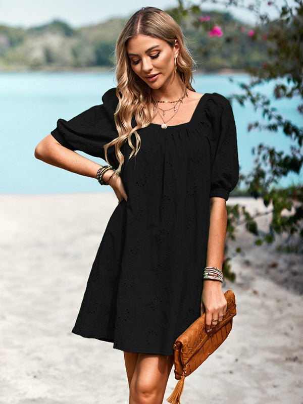 Square Neck Dress Femininity Elegant Hollow Jacquard Skirt - Casual Dress