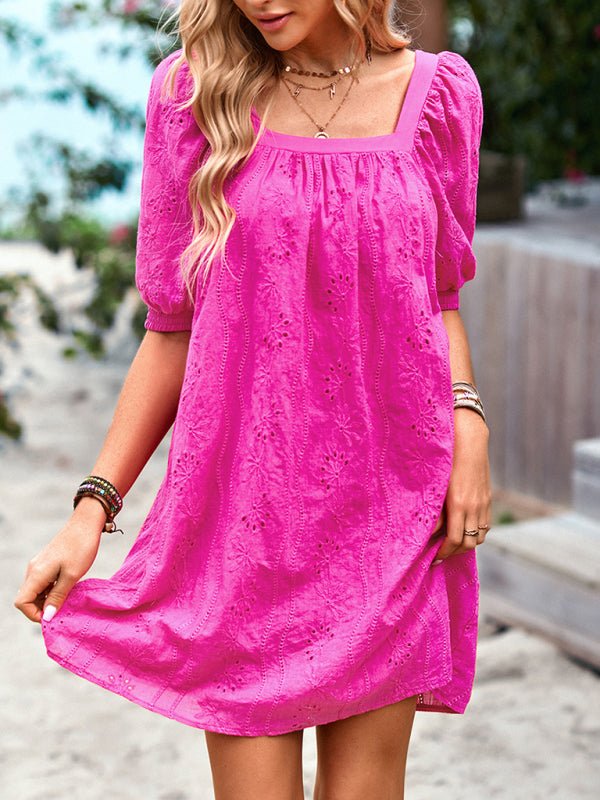 Square Neck Dress Femininity Elegant Hollow Jacquard Skirt - Casual Dress