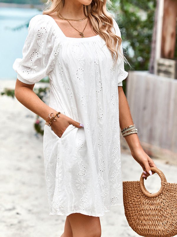 Square Neck Dress Femininity Elegant Hollow Jacquard Skirt - Casual Dress