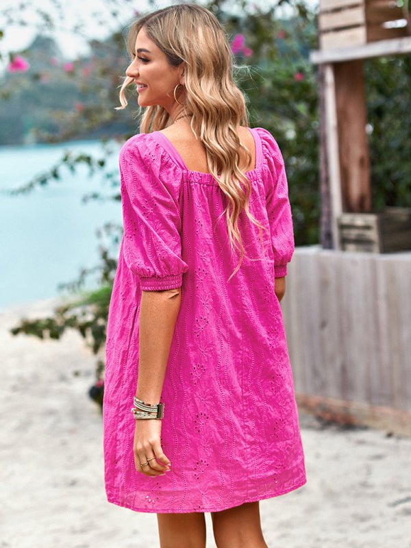 Square Neck Dress Femininity Elegant Hollow Jacquard Skirt - Casual Dress