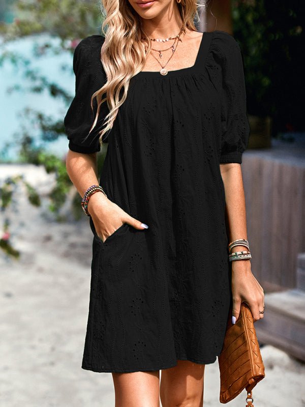 Square Neck Dress Femininity Elegant Hollow Jacquard Skirt - Casual Dress