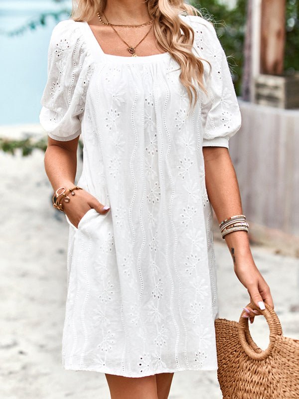 Square Neck Dress Femininity Elegant Hollow Jacquard Skirt - Casual Dress