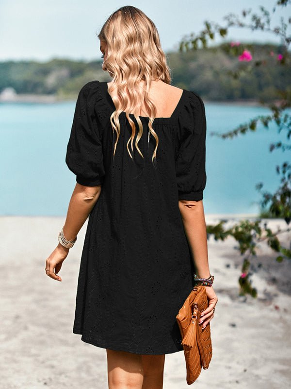 Square Neck Dress Femininity Elegant Hollow Jacquard Skirt - Casual Dress