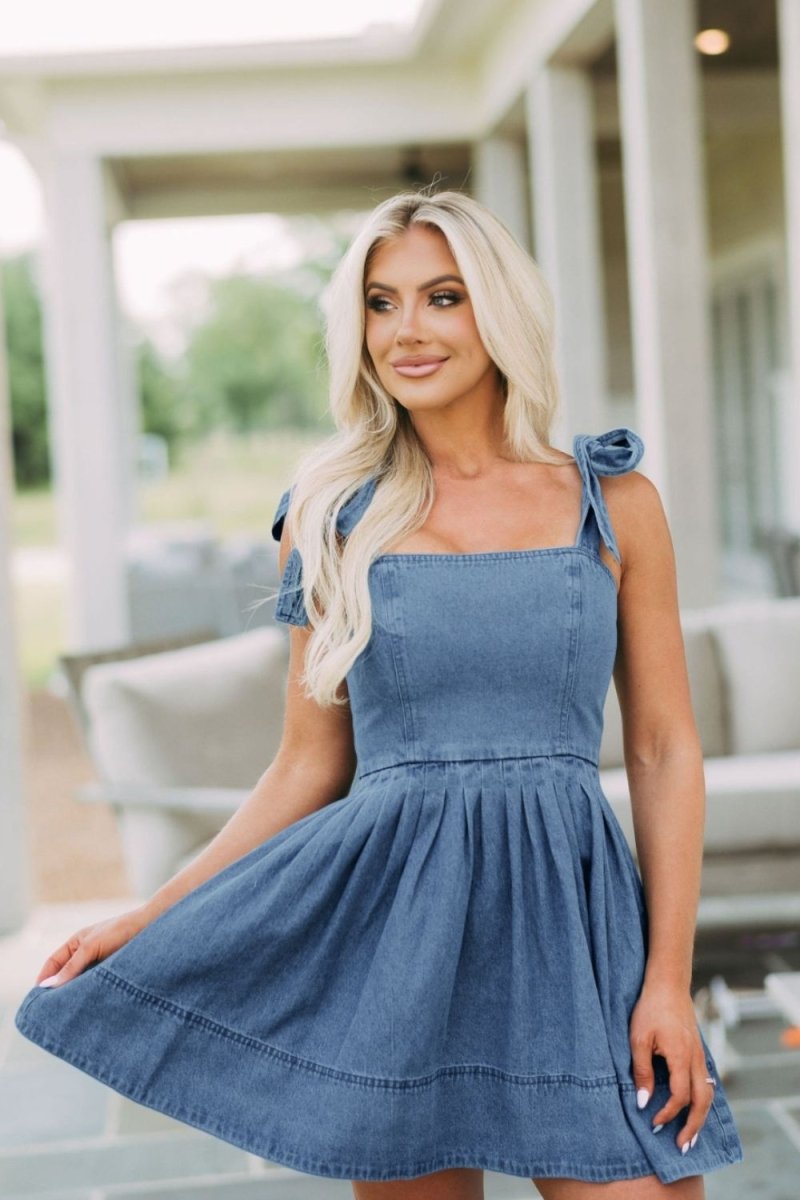 Square Neck Tie Shoulder Denim Dress - Denim Dress