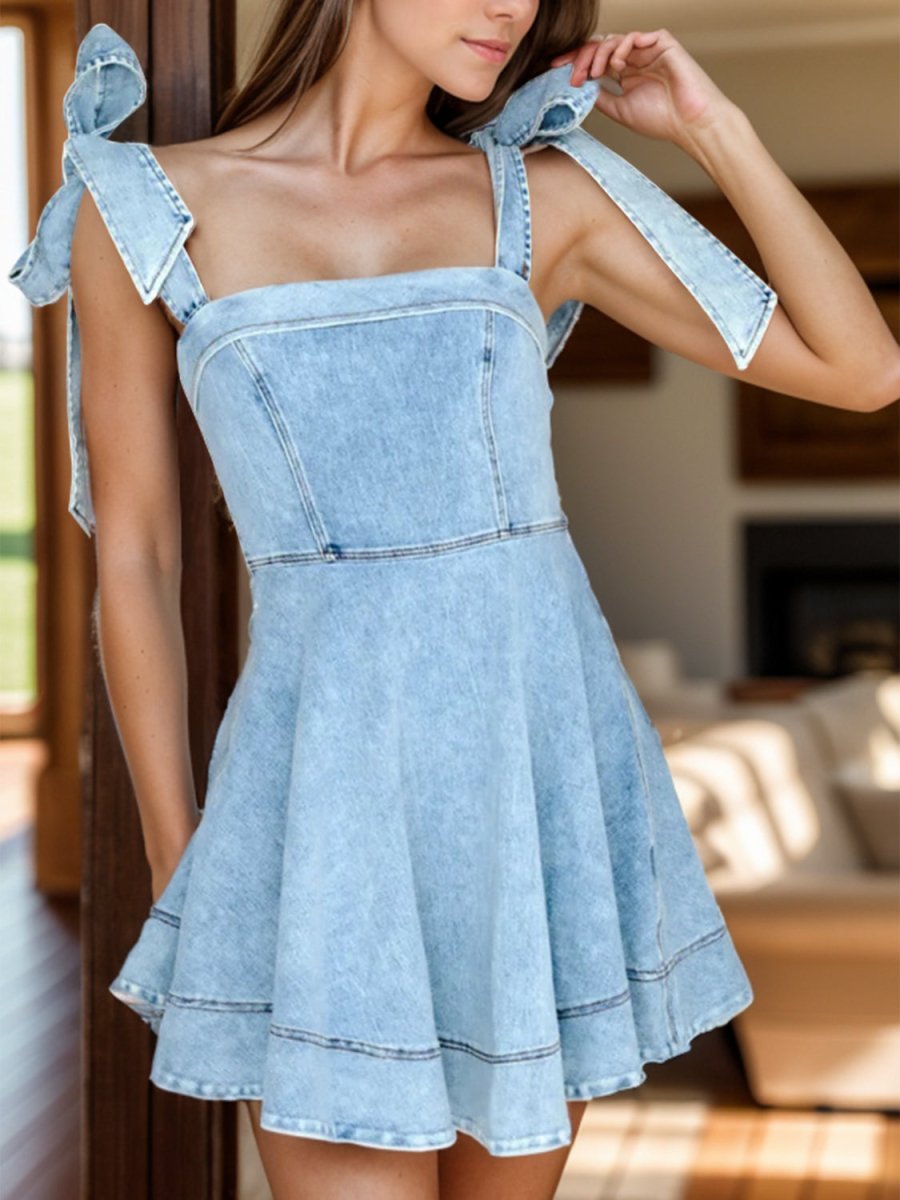 Square Neck Tie Shoulder Denim Dress - Denim Dress