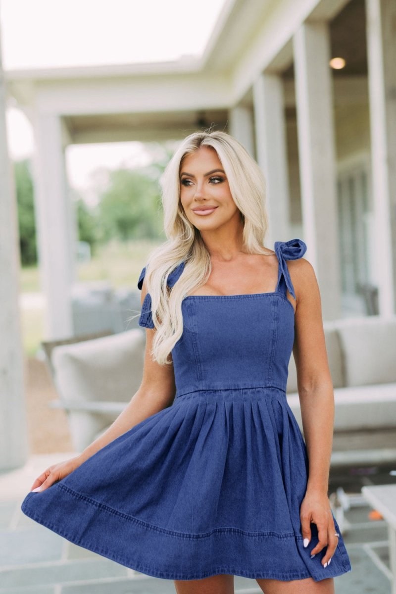 Square Neck Tie Shoulder Denim Dress - Denim Dress