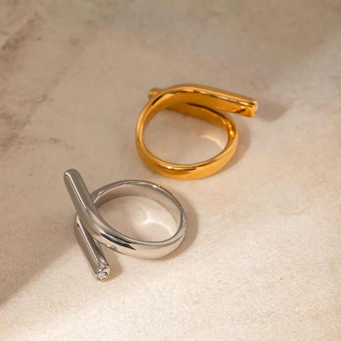 Stainless Steel Bypass Ring with 18K Gold Plating - 