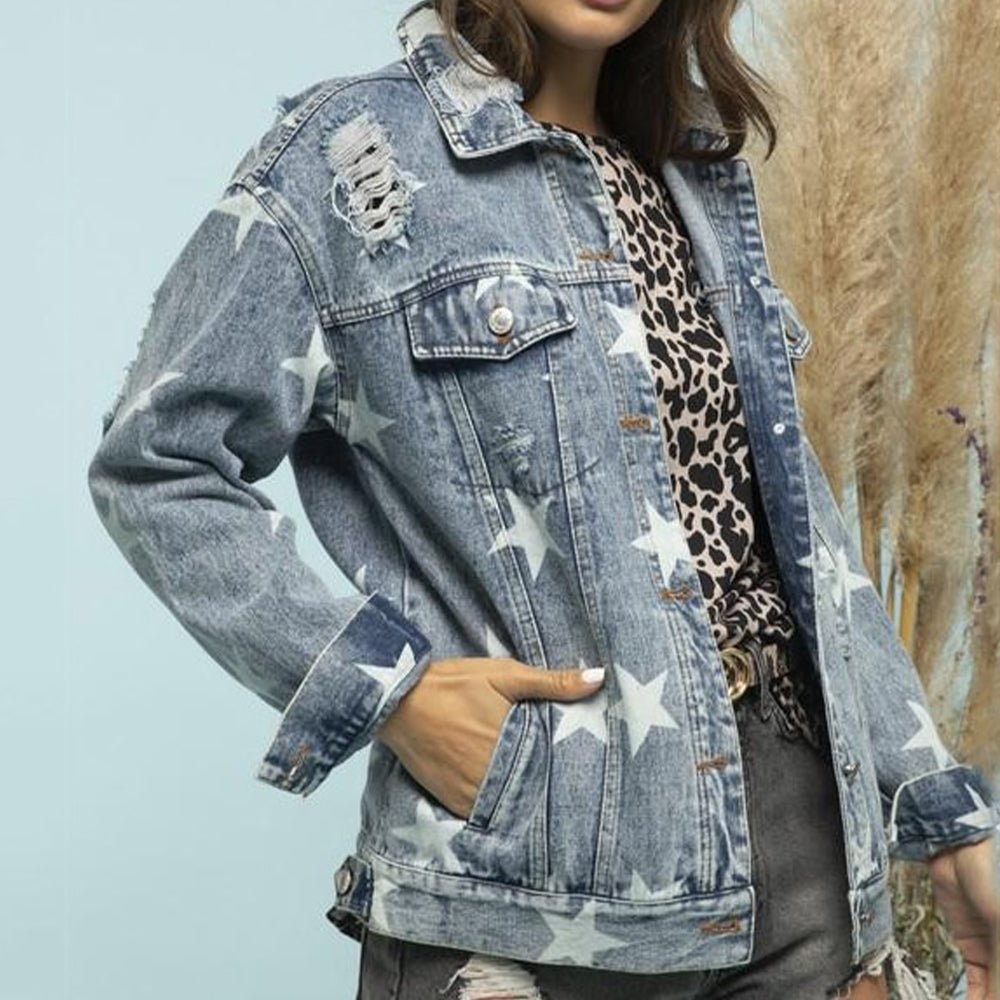 Star Distressed Denim Shacket - Outerwear