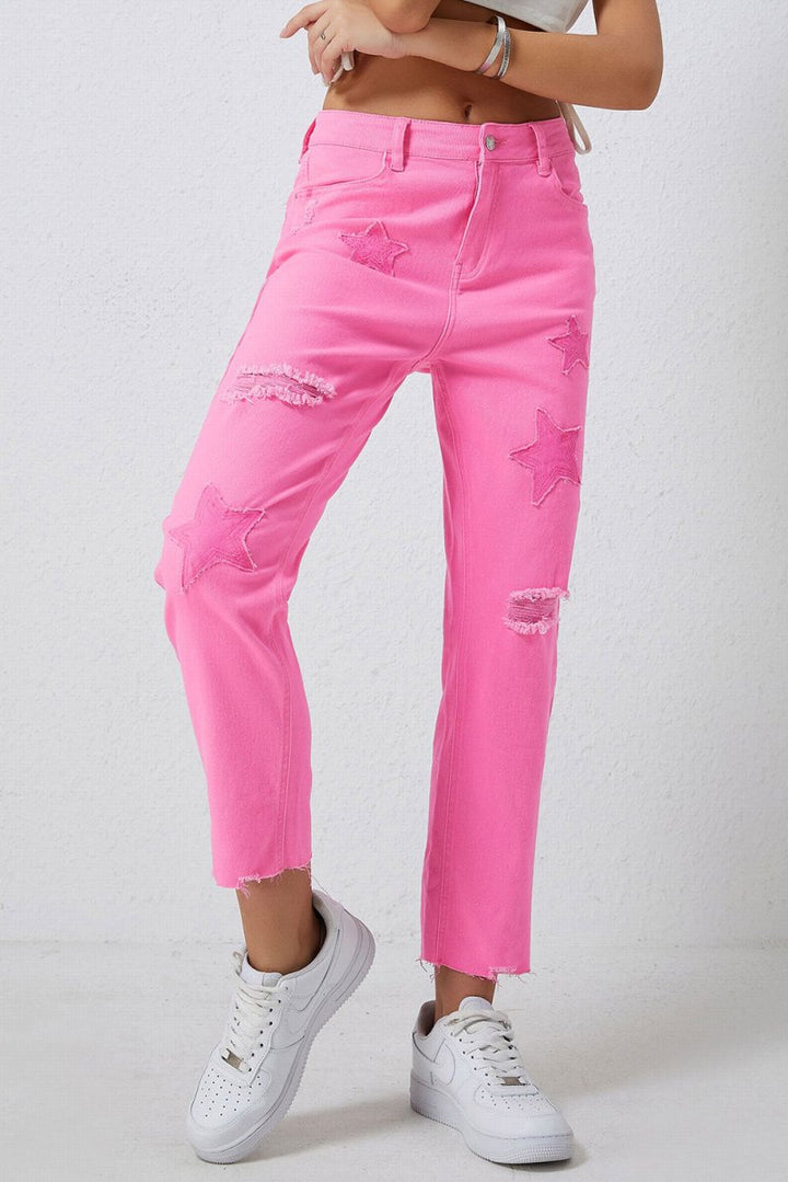 Star Raw Hem Distressed Jeans - Bottoms