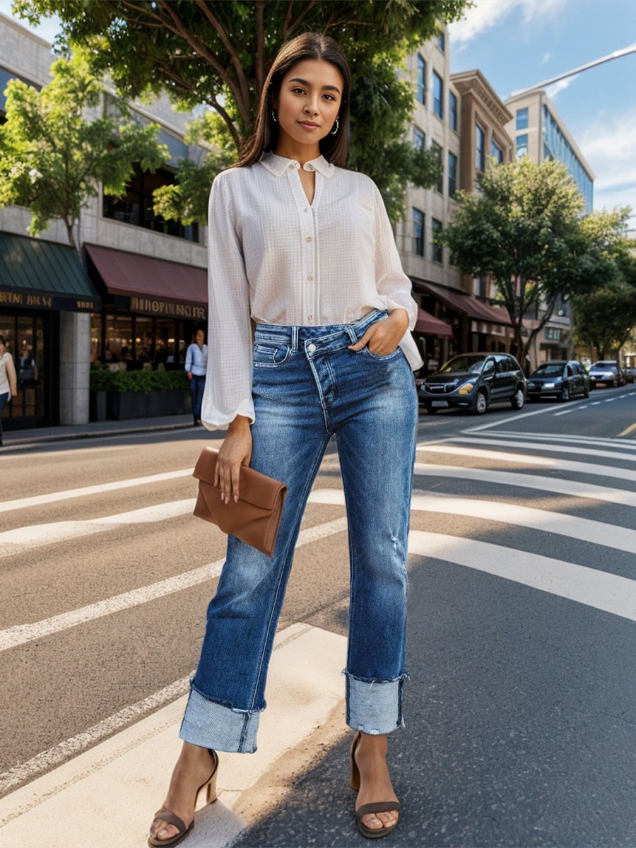 Stepped Waist Raw Hem Rolled Straight Jeans - Bottoms