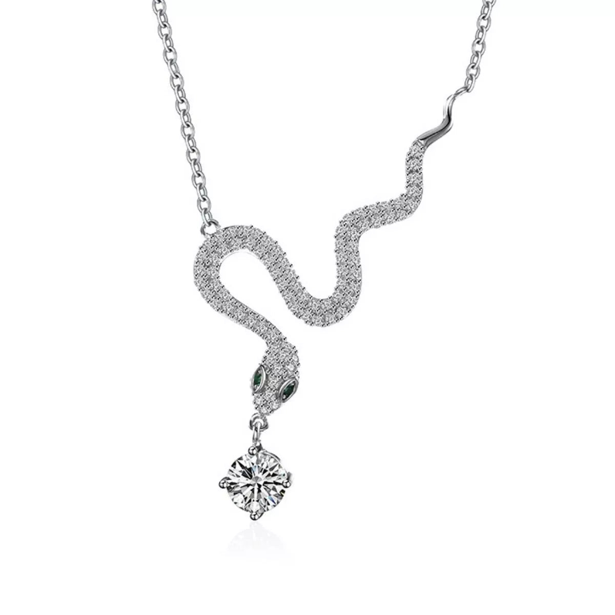 Sterling Silver Moissanite Snake Pendant Necklace - 