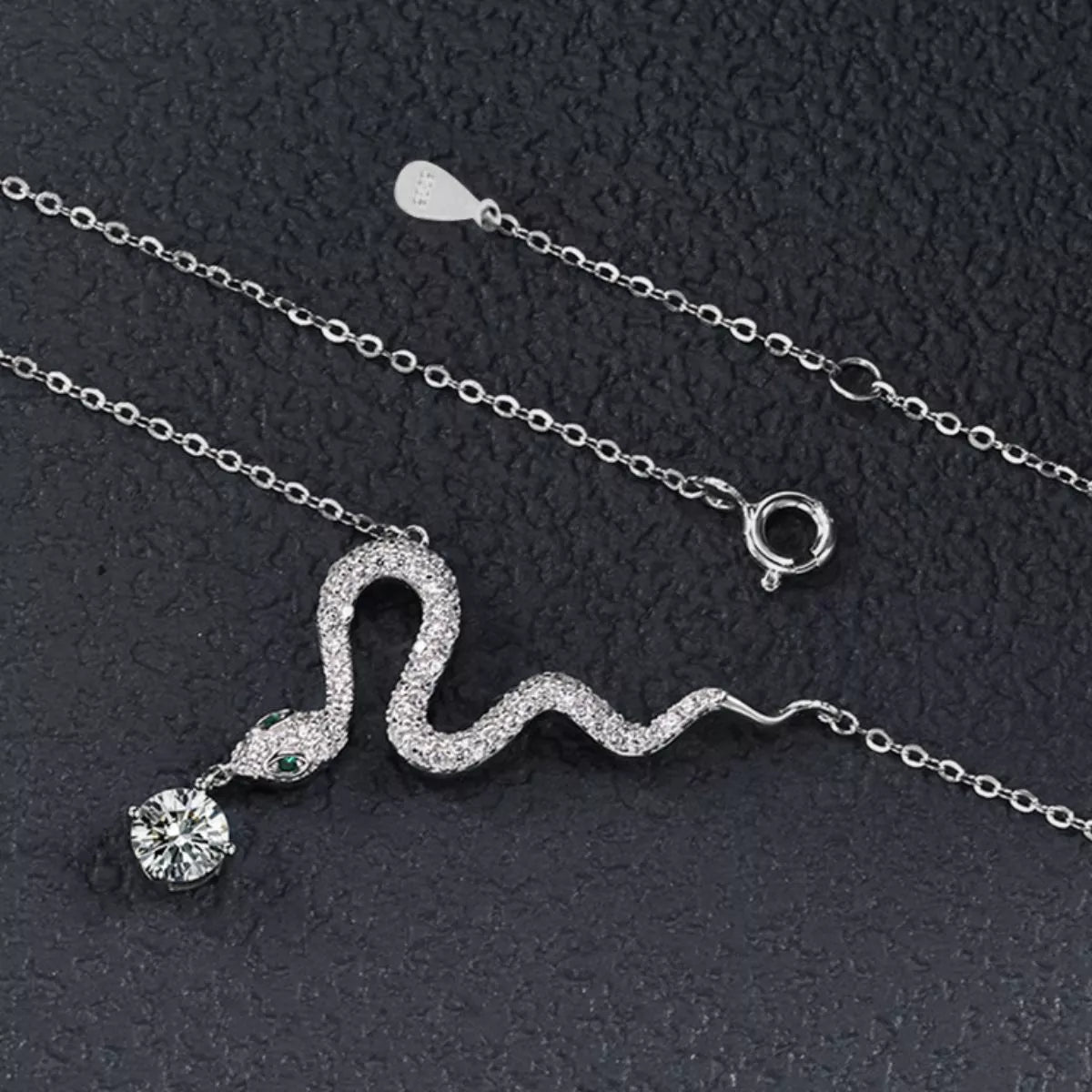 Sterling Silver Moissanite Snake Pendant Necklace - 