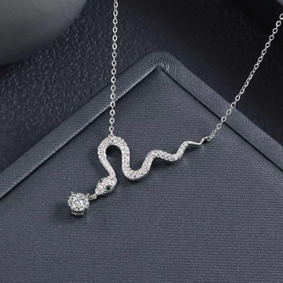 Sterling Silver Moissanite Snake Pendant Necklace - 
