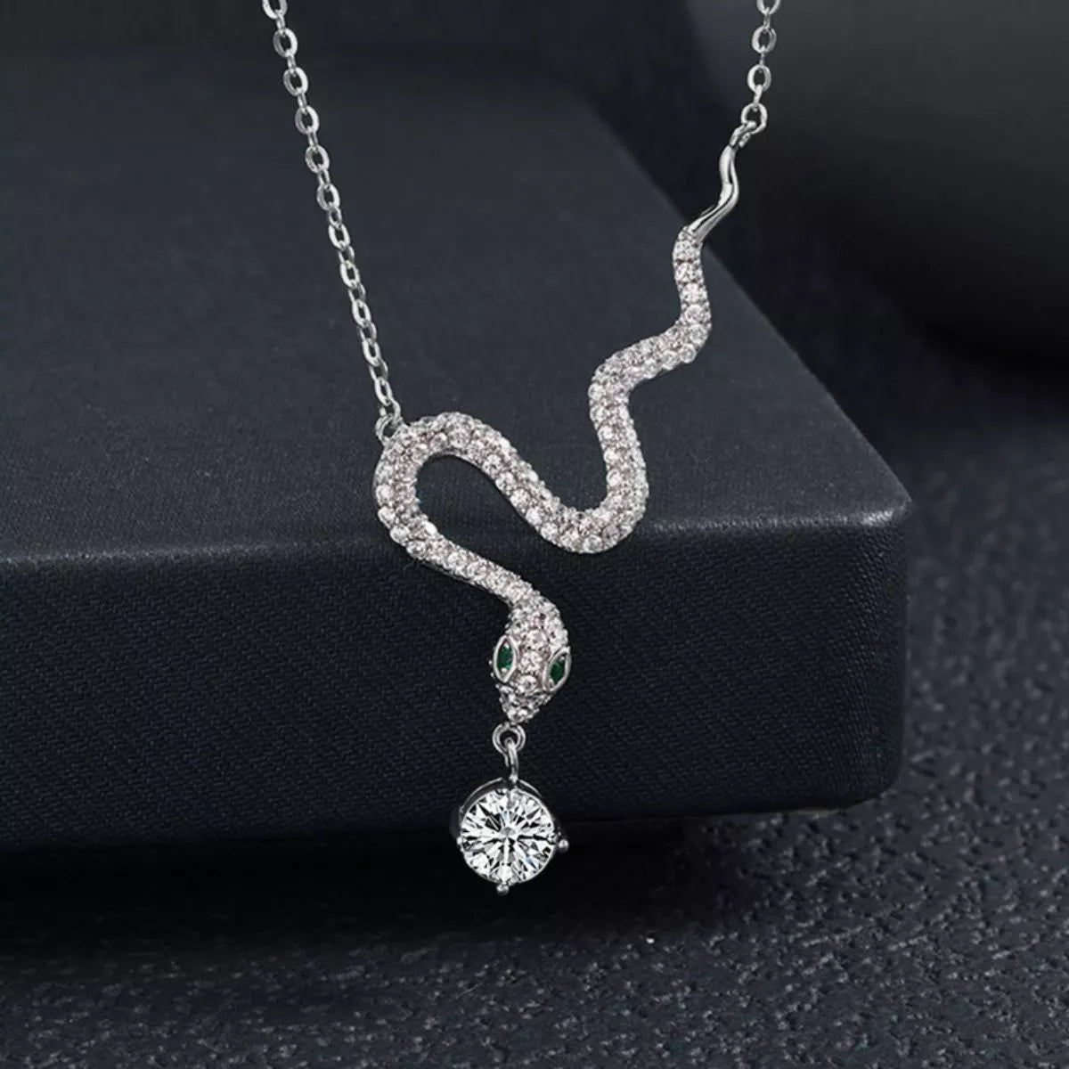 Sterling Silver Moissanite Snake Pendant Necklace - 