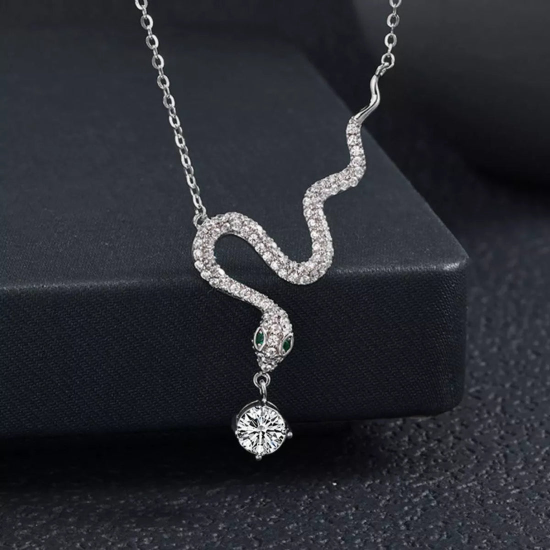 Sterling Silver Moissanite Snake Pendant Necklace - 