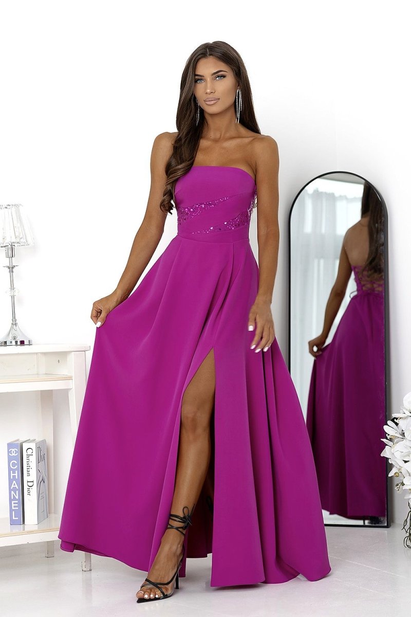 Strapless Evening Maxi Dress with Sequins & Slit - 
