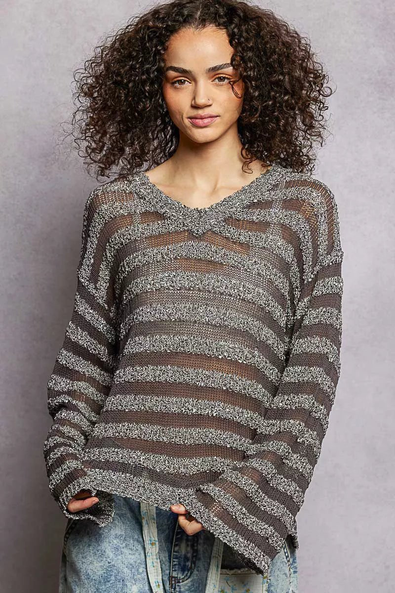 Stripe Pattern V - Neck Long Sleeve Knit Top - 