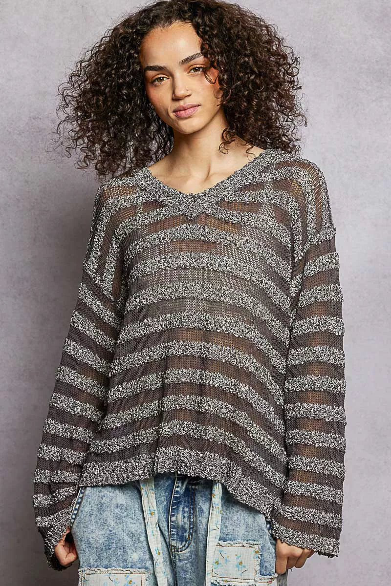 Stripe Pattern V - Neck Long Sleeve Knit Top - 