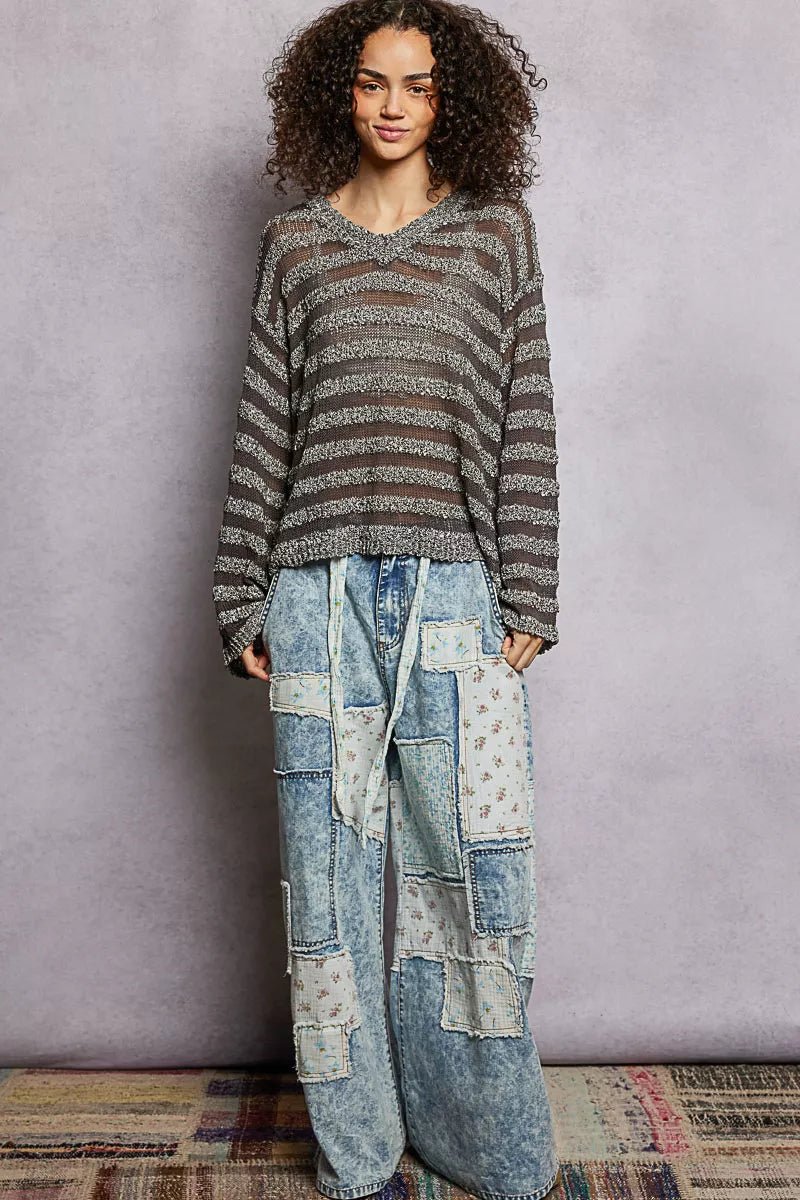 Stripe Pattern V - Neck Long Sleeve Knit Top - 
