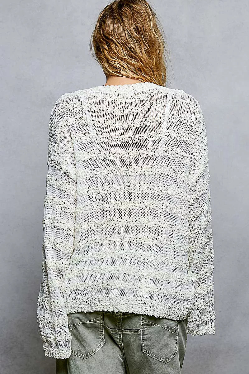 Stripe Pattern V - Neck Long Sleeve Knit Top - 