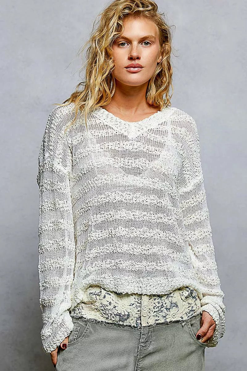 Stripe Pattern V - Neck Long Sleeve Knit Top - 