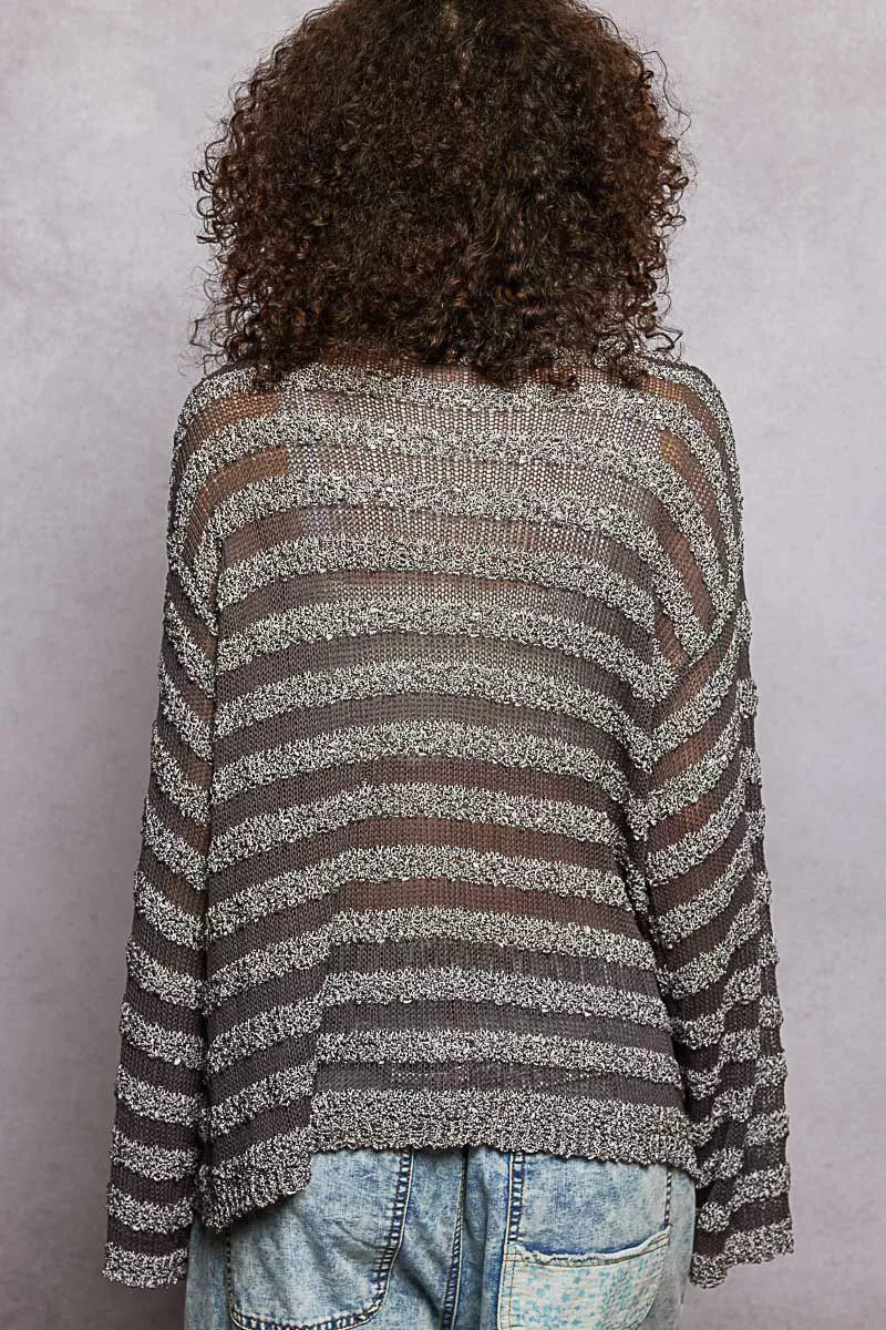 Stripe Pattern V - Neck Long Sleeve Knit Top - 