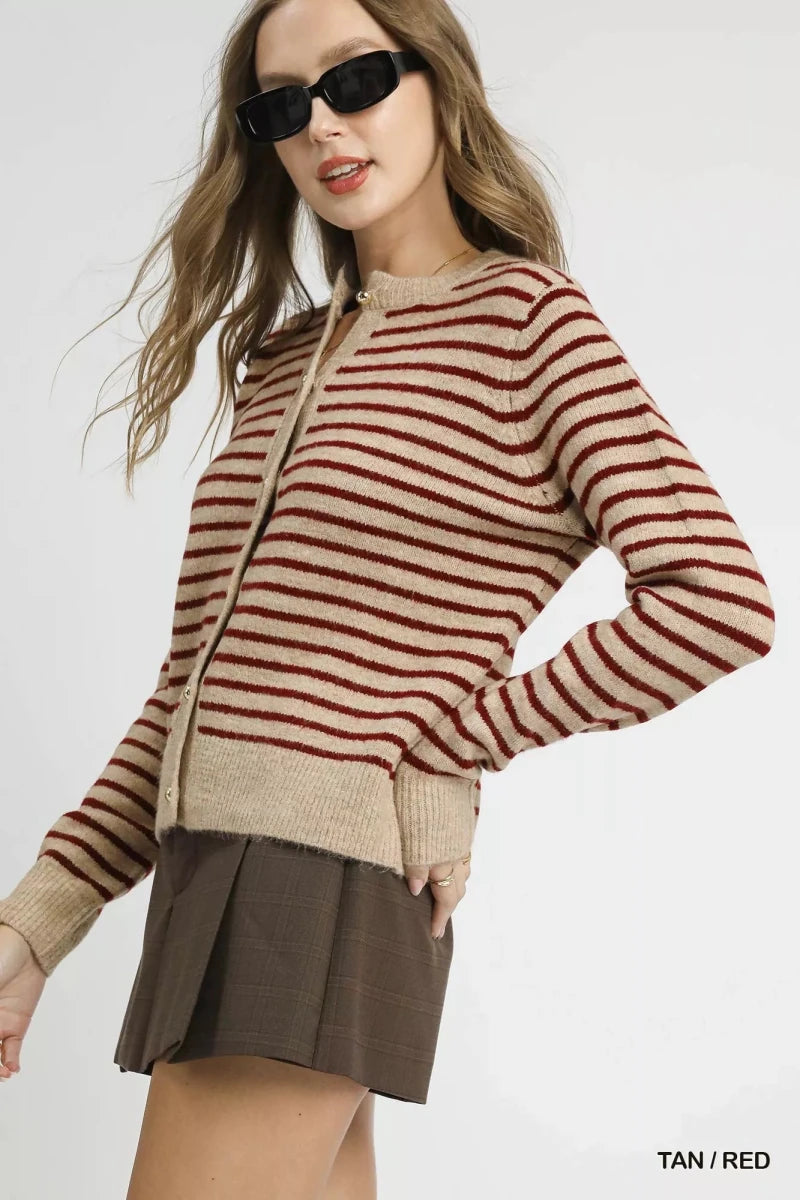 Striped Button - Up Knit Cardigan - Tan Burgundy - 