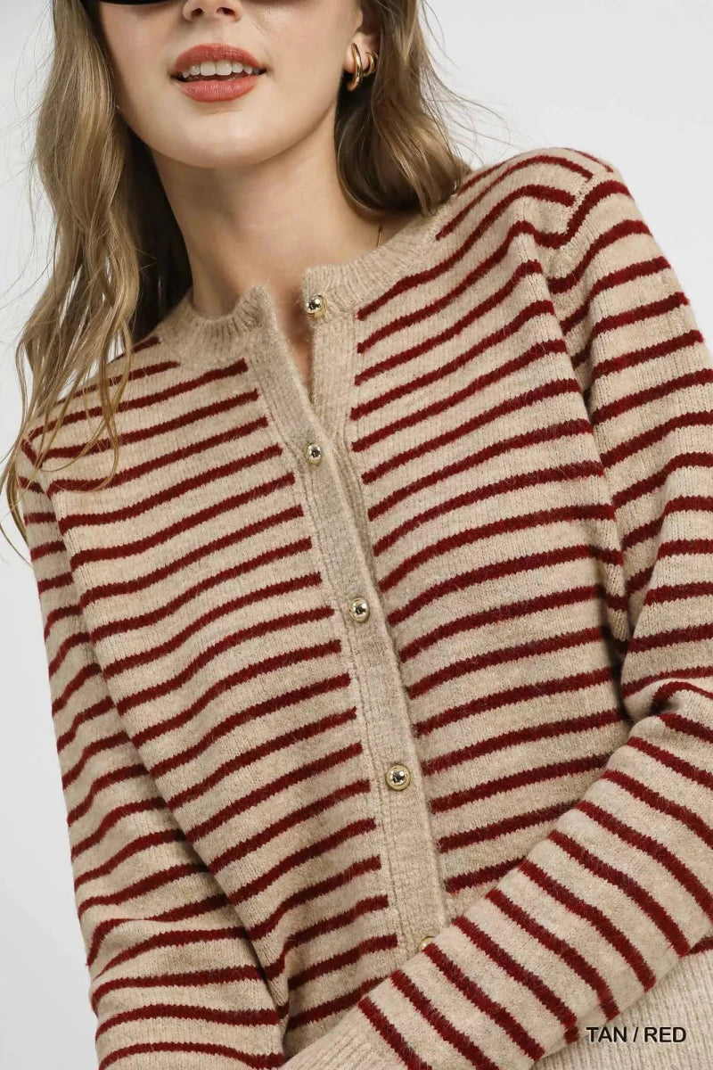 Striped Button - Up Knit Cardigan - Tan Burgundy - 