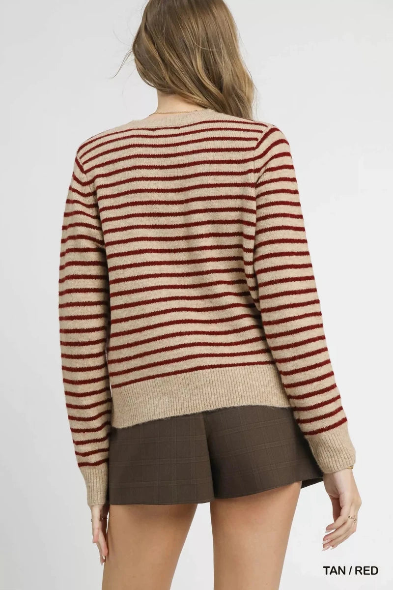 Striped Button - Up Knit Cardigan - Tan Burgundy - 
