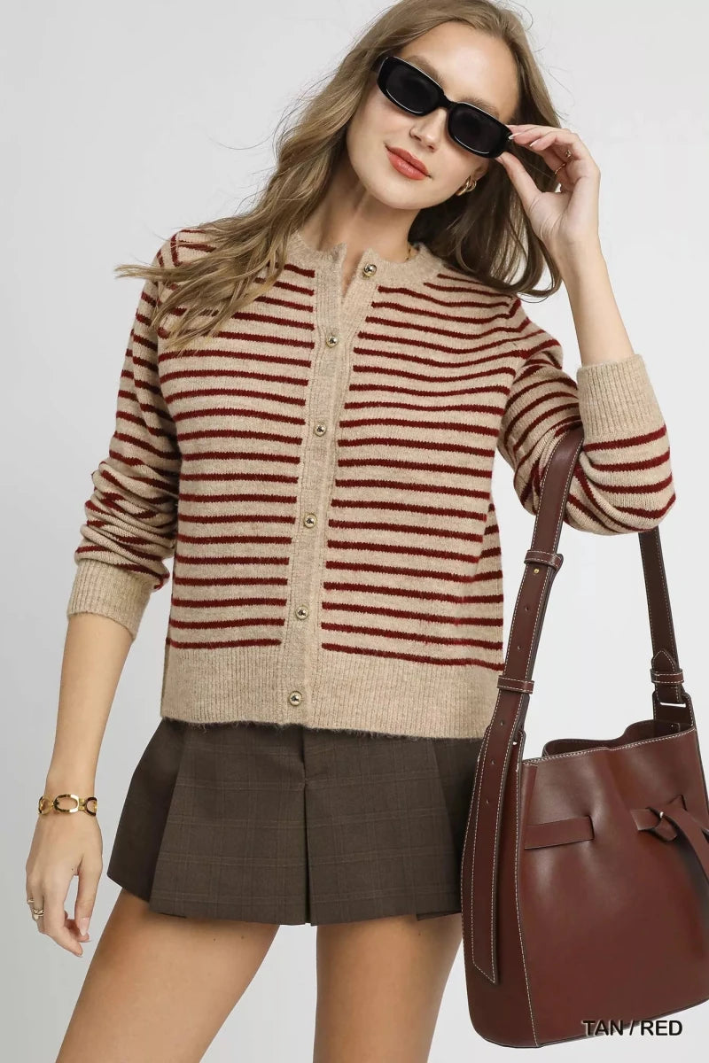 Striped Button - Up Knit Cardigan - Tan Burgundy - 